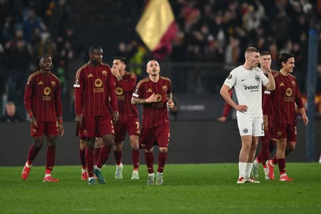 AS Roma v Eintracht Frankfurt - UEFA Europa League 2024 25 League Phase MD8 Angelino of A.S. Roma celebrates after scoring a goal during the UEFA Europa League 2024 25 League Phase MD8 match between A.S. Roma and Eintracht Frankfurt at Olympic Stadium in Rome, Italy, on January 30, 2025. Rome Italy Italy  Copyright: xDomenicoxCippitellix originalFilename:cippitelli-asromave250130_npAEU.jpg