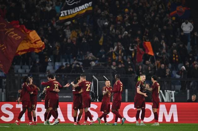 AS Roma v Eintracht Frankfurt - UEFA Europa League 2024 25 League Phase MD8 Angelino of A.S. Roma celebrates after scoring a goal during the UEFA Europa League 2024 25 League Phase MD8 match between A.S. Roma and Eintracht Frankfurt at Olympic Stadium in Rome, Italy, on January 30, 2025. Rome Italy Italy  Copyright: xDomenicoxCippitellix originalFilename:cippitelli-asromave250130_nptPP.jpg