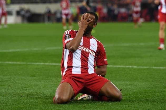 Ayoub El Kaabi of Olympiacos celebrates after scoring during the UEFA Europa League league phase matchdgy 8 soccer match between Olympiacos and Qarabag FK held at Stadium Georgios Karaiskakis in Piraeus, Greece, 30 January 2025. IMAGO ONE INCH PRODUCTIONS PIRAEUS Greece Copyright: xOnexInchxProductionsx 6449823