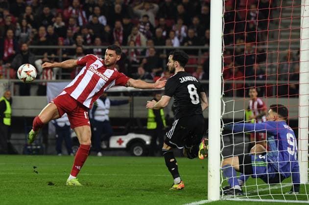 Giulian Biancone of Olympiacos in action while scoring during the UEFA Europa League league phase matchdgy 8 soccer match between Olympiacos and Qarabag FK held at Stadium Georgios Karaiskakis in Piraeus, Greece, 30 January 2025. IMAGO ONE INCH PRODUCTIONS PIRAEUS Greece Copyright: xOnexInchxProductionsx 6449898