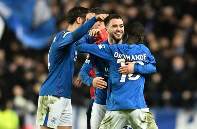 Glasgow, Scotland, 30th January 2025. Rangers players including Nicolas Raskin and Mohammed Diomande celebrate reaching the top eight of the Europa League during the UEFA Europa League match at Ibrox Stadium, Glasgow. Picture credit should read: Neil Hanna Sportimage EDITORIAL USE ONLY. No use with unauthorised audio, video, data, fixture lists, club league logos or live services. Online in-match use limited to 120 images, no video emulation. No use in betting, games or single club league player publications. SPI_044_NH_Rangers_Union_Saint-Gilloise SPI-3645-0044