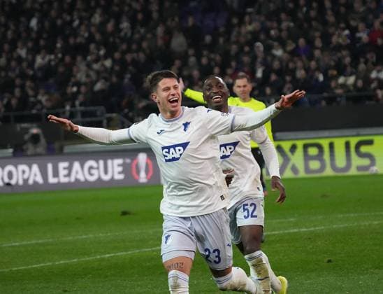 Europa League, RSC Anderlecht vs TSG 1899 Hoffenheim 30 01 2025, Lotto Park, Anderlecht, Europa League, RSC Anderlecht vs TSG 1899 Hoffenheim , in the picture Adam Hlozek Hoffenheim is happy about the goal to 1 4 nordphotoxGmbHx xBratic nph00250