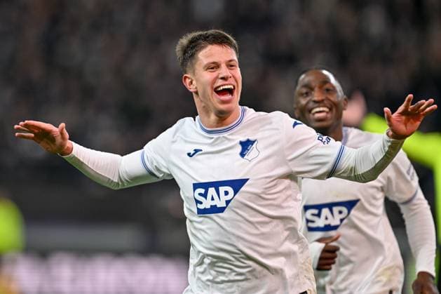 250130 RSC Anderlecht vs TSG Hoffenheim Adam Hlozek (23) of Hoffenheim celebrates after scoring the 1-3 goal during the league phase - matchday 8 game in the Uefa Europa League season 2024-2025 between Royal Sporting Club Anderlecht and TSG 1899 Hoffenheim from Germany on January 30 , 2025 in Anderlecht, Belgium. (Photo by David Catry Isosport) Anderlecht Belgium  Copyright: xDavidxCatryx 20250130DC2_1359