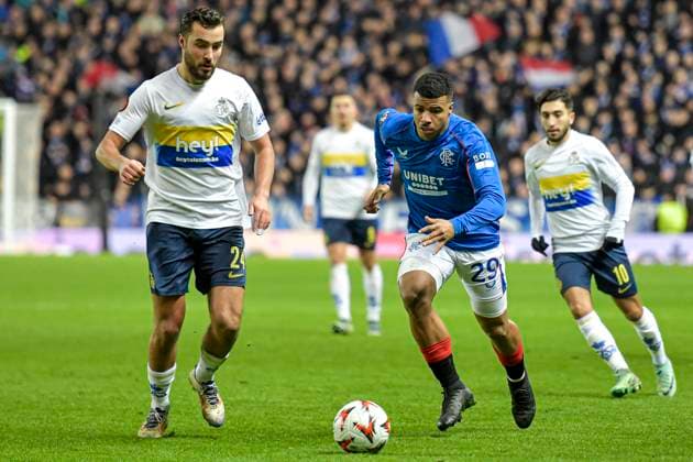 Rangers v Royale Union Saint-Gilloise UEFA Europa League Hamza Igamane of Rangers and Charles Vanhoutte of Royale Union Saint-Gilloise during the UEFA Europa League match at Ibrox Stadium, Glasgow UK Newspapers OUT Copyright: xJamiexJohnstonx FIL-21353-0078