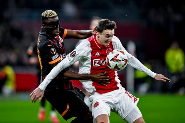 Galatasaray forward Victor Osimhen, AFC Ajax Amsterdam defender Youri Baas, during the match Ajax Galatasaray at the Johan Cruijff ArenA for the UEFA Europa League League phase Matchday 8 season 2024 2025 in AMSTERDAM, Netherlands on 30 januari 2025, photo by Stefan Koops EYE4images DeFodi Images Defodi 746 212317 Defodi-746