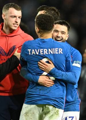 Glasgow, Scotland, 30th January 2025. Rangers players including Nicolas Raskin and James Tavernier celebrate reaching the top eight of the Europa League during the UEFA Europa League match at Ibrox Stadium, Glasgow. Picture credit should read: Neil Hanna Sportimage EDITORIAL USE ONLY. No use with unauthorised audio, video, data, fixture lists, club league logos or live services. Online in-match use limited to 120 images, no video emulation. No use in betting, games or single club league player publications. SPI_050_NH_Rangers_Union_Saint-Gilloise SPI-3645-0050