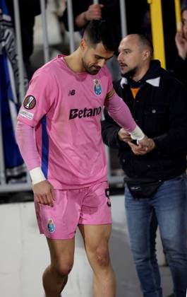 30.01.2025 Belgrade(Serbia) FC Maccabi Tel Aviv- FC Porto Uefa Europa League men s football Diogo Costa (L) Porto goalkeeper after match beside fan under tribune :