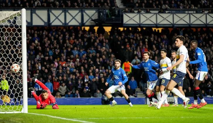 Nicolas Raskin of Rangers scores with a header past USG goalkeeper Anthony Moris to give Rangers a 1-0 lead. Rangers v Union Saint-Gilloise, UEFA Europa League, Group Stage, Football, Ibrox Stadium, Glasgow, UK - 30 Jan 2025 EDITORIAL USE ONLY No use with unauthorised audio, video, data, fixture lists, club league logos or live services. Online in-match use limited to 120 images, no video emulation. No use in betting, games or single club league player publications. Copyright: xStuartxWallace Shutterstockx 15122181fj
