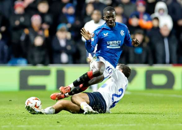 Rangers v Royale Union Saint-Gilloise UEFA Europa League Mohammed Diomande of Rangers is tackled by Ousseynou Niang of Royale Union Saint-Gilloise during the UEFA Europa League match at Ibrox Stadium, Glasgow UK Newspapers OUT Copyright: xFredxPalmerx FIL-21352-0067