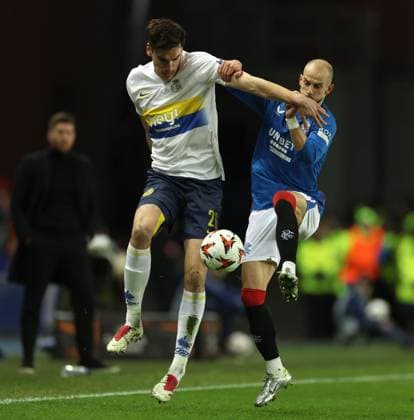 Ross Sykes of Union Saint-Gilloise battles for the ball with Vaclav Cerny of Rangers during the Europa League group phase match at Ibrox Stadium, Glasgow. Rangers v Union Saint-Gilloise, Europa League, Football, Ibrox Stadium, Glasgow, Scotland, UK - 30 Jan 2025 EDITORIAL USE ONLY No use with unauthorised audio, video, data, fixture lists, club league logos or live services. Online in-match use limited to 120 images, no video emulation. No use in betting, games or single club league player publications. Copyright: xO Rourke RangersxFC Shutterstockx 15126401di