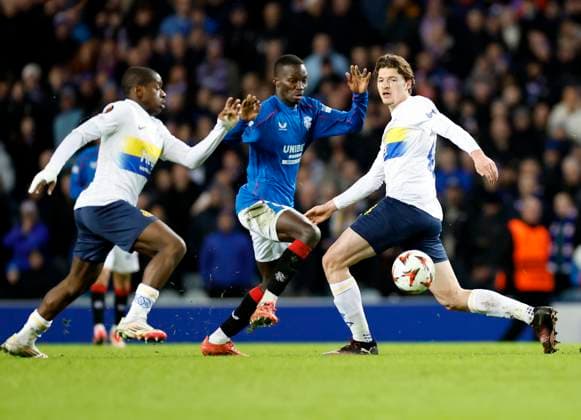 Rangers v Royale Union Saint-Gilloise UEFA Europa League Mohammed Diomande of Rangers (middle)looks for a gap between Noah Sadiki of Royale Union Saint-Gilloise and Fedde Leysen of Royale Union Saint-Gilloise during the UEFA Europa League match at Ibrox Stadium, Glasgow UK Newspapers OUT Copyright: xFredxPalmerx FIL-21352-0092