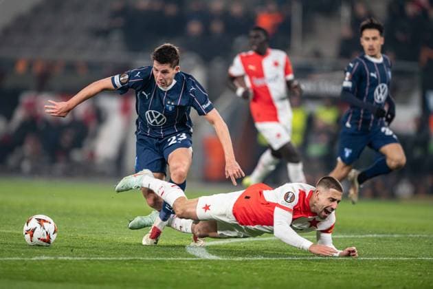 asse Berg Johnsen fouled Ondrej Lingr during UEFA Europa league match, SK Slavia Prague - Malmo FF , 30. january 2025, Fortuna Arena, Prague, Czech republic Copyright: xMICHALxFAJT,ZOSPORTU.SKx MAJ_3710