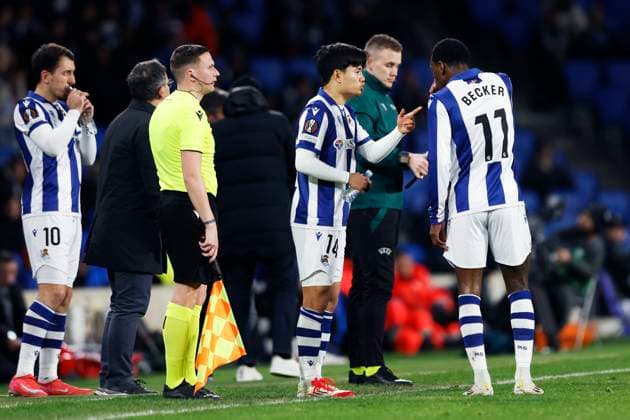 Takefusa Kubo, Sheraldo Becker (Sociedad), JANUARY 30, 2025 - Football Soccer : UEFA Europa League match between Real Sociedad 2-0 PAOK Thessaloniki at Reale Arena in San Sebastian, Spain. Noxthirdxpartyxsales  (280124397)