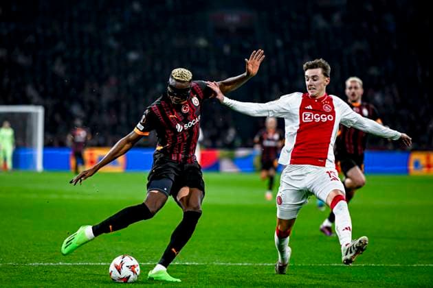 Galatasaray forward Victor Osimhen, AFC Ajax Amsterdam defender Youri Baas, during the match Ajax Galatasaray at the Johan Cruijff ArenA for the UEFA Europa League League phase Matchday 8 season 2024 2025 in AMSTERDAM, Netherlands on 30 januari 2025, photo by Stefan Koops EYE4images DeFodi Images Defodi 746 212433 Defodi-746