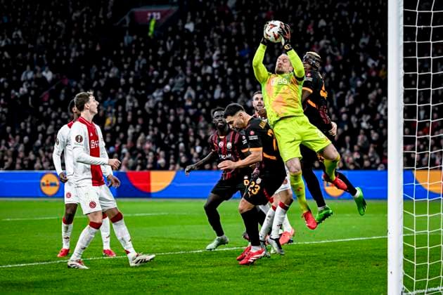 Galatasaray defender Kaan Ayhan, AFC Ajax Amsterdam goalkeeper Remko Pasveer, Galatasaray forward Victor Osimhen, during the match Ajax Galatasaray at the Johan Cruijff ArenA for the UEFA Europa League League phase Matchday 8 season 2024 2025 in AMSTERDAM, Netherlands on 30 januari 2025, photo by Stefan Koops EYE4images DeFodi Images Defodi 746 212436 Defodi-746