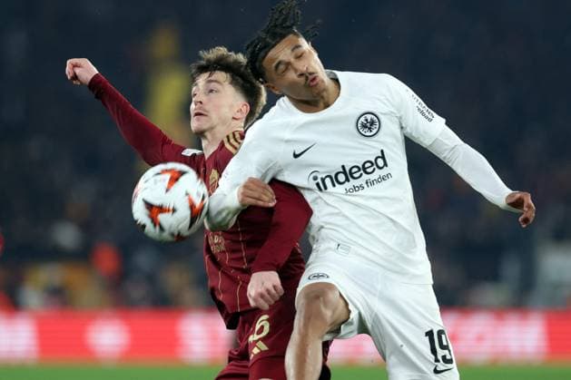 CALCIO - UEFA Europa League - AS Roma vs Eintracht Frankfurt Rome, Italy 30.01.2025: Alexis Saelemaekers of Roma, Jean-Matteo Bahoya of Eintracht Frankfurt during the Uefa Europa League 2024-2025, football match between AS Roma vs Eintracht Frankfurt at Olympic Stadium in Rome. Rome Italy  Copyright: xIPAxSport ABACAx