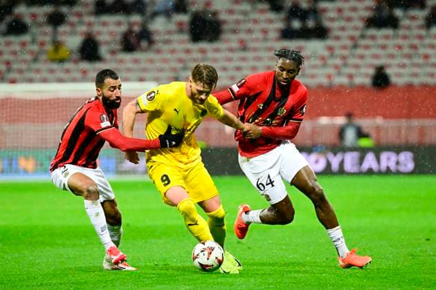FOOTBALL : OGC Nice VS FK Bodo Glimt - UEFA Europa League - 30 01 2025 L OGC Nice recoit le FK Bodo Glimt Ã l Allianz Riviera dans le cadre de la huiteme journÃ e d UEFA Europa League. Ali Abdi (OGCN) Kasper Hogh (FKBG) MoÃ¯se Bombito (OGCN) NiceFrance  Copyright: xWilliamxCannarellax