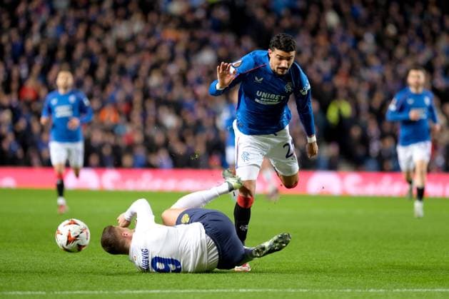 UK: Rangers v Union Saint-Gilloise, UEFA Europa League at Ibrox Stadium, Glasgow, Scotland on 30 January 2025: Pictured: Franjo Ivanovic (Union SG) and Jefte (Rangers) Glasgow Ibrox Stadium Scotland Copyright: xAlexxToddx