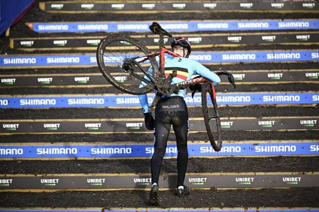 A Belgian rider pictured during a track reconnaissance ahead of the UCI cyclocross World Championship, WM, Weltmeisterschaft in Lievin, France, Friday 31 January 2025. The world championships are taking place from 31 January until 02 February. JASPERxJACOBS  x111504181x