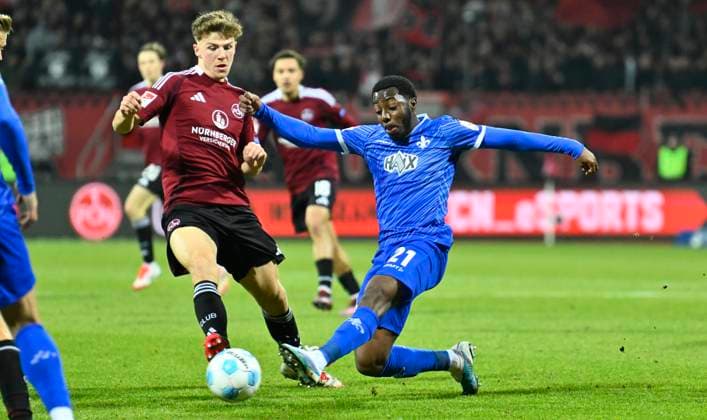 31 01 2025 Soccer Season 2024 2025 2 Soccer Bundesliga 20 Matchday 1 FC Nürnberg FCN Club SV Darmstadt 98 SVD Lilien Sportfoto Zink xwoxzix DFL regulations prohibit any use of photographs as image sequences and or quasi video only for editorial use Finn Jeltsch 4, 1 FC Nürnberg FCN Matondo Merveille Papela 21, SV Darmstadt 98 D98 SV98