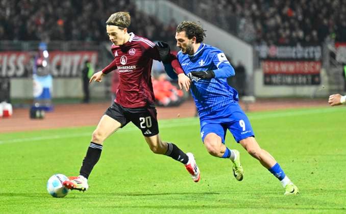 31 01 2025 Soccer Season 2024 2025 2 Soccer Bundesliga 20 Matchday 1 FC Nürnberg FCN Club SV Darmstadt 98 SVD Lilien Sportfoto Zink xwoxzix DFL regulations prohibit any use of photographs as image sequences and or quasi video only for editorial use Caspar Jander 20, 1 FC Nürnberg FCN Fynn Luca Lakenmacher 19, SV Darmstadt 98 D98 SV98