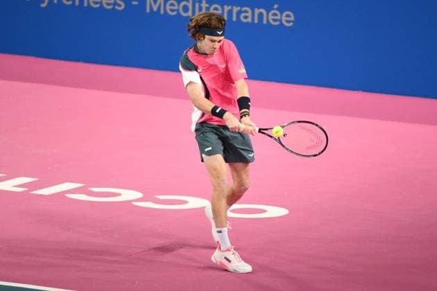 TENNIS : Open Sud de France ATP, Tennis Herren 250 - 31 01 2025 MONTPELLIER, FRANCE - 31 JANVIER : 1 Andrey RUBLEV lors des quarts de finale du tournoi Open Sud de France ATP 250 contre Q Nikoloz BASILASHVILI (GEO) a Montpellier le 31 janvier 2025. France  Copyright: xValentinaxClaretx