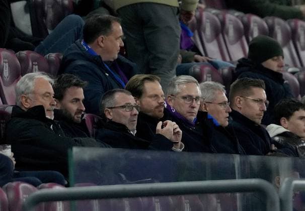 30 01 2025, Lotto Park, Anderlecht, Europa League, RSC Anderlecht vsTSG 1899 Hoffenheim , in the picture President Jörg Albrecht Hoffenheim , Managing Director Finance Frank Briel Hoffenheim , Chairman Management Dr Markus Schütz Hoffenheim , Managing Director Commercial Tim Jost Hoffenheim Photo by Hasan Bratic DeFodi Images Defodi 506 20250130 hbr 3094