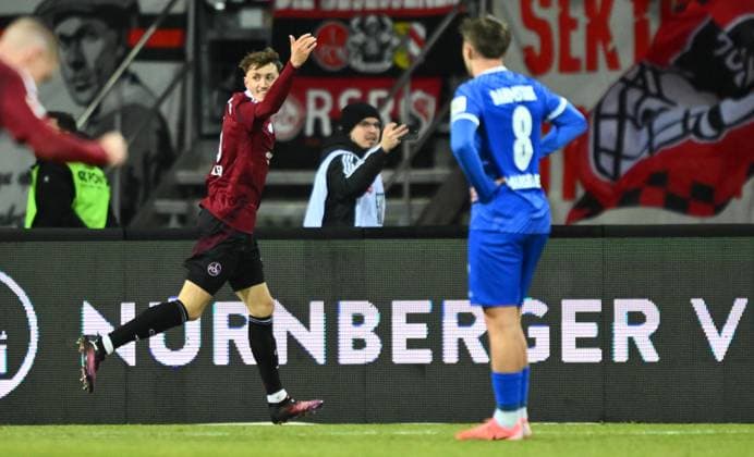 31 01 2025 Soccer Season 2024 2025 2 Soccer Bundesliga 20 Matchday 1 FC Nürnberg FCN Club SV Darmstadt 98 SVD Lilien Sportfoto Zink xwoxzix DFL regulations prohibit any use of photographs as image sequences and or quasi video only for editorial use Torjubel Jubel nach Treffer Tor Torschuß zum 1 0 durch Tim Drexler 5, 1 FC Nürnberg FCN
