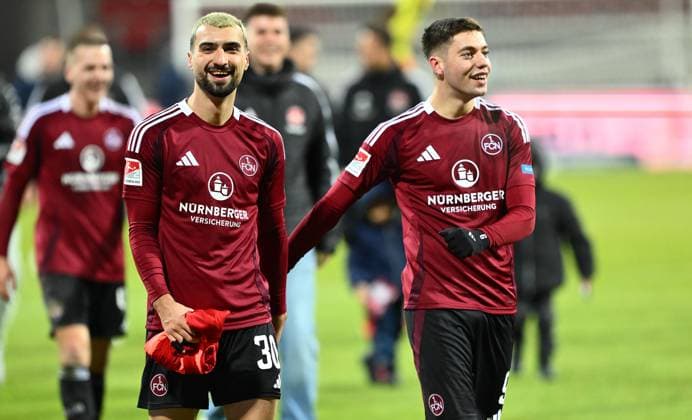 31 01 2025 Soccer Season 2024 2025 2 Soccer Bundesliga 20 Matchday 1 FC Nürnberg FCN Club SV Darmstadt 98 SVD Lilien Sportfoto Zink xwoxzix DFL regulations prohibit any use of photographs as image sequences and or quasi video only for editorial use Mahir Emreli 30, 1 FC Nürnberg FCN Stefanos Tzimas 9, 1 FC Nürnberg FCN Jubel Freude nach Spielende
