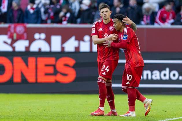 2 Soccer Bundesliga Fortuna Düsseldorf SSV Ulm 1846 Soccer, 01 02 2024 Cheering after the goal for 3 2 by Dawid Kownacki Fortuna Düsseldorf, 24 2 Soccer Bundesliga, Fortuna Düsseldorf SSV Ulm 1846 Soccer, 20 Matchday, on 01 02 2024, Merkur Spiel Arena, Düsseldorf DFL regulations prohibit any use of photographs as image sequences and or quasi video Copyright: xBEAUTIFULxSPORTS Meuselx