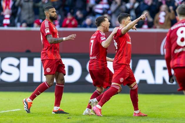 2 Soccer Bundesliga Fortuna Düsseldorf SSV Ulm 1846 Soccer, 01 02 2024 Cheering after the goal for 3 2 by Dawid Kownacki Fortuna Düsseldorf, 24 2 Soccer Bundesliga, Fortuna Düsseldorf SSV Ulm 1846 Soccer, 20 Matchday, on 01 02 2024, Merkur Spiel Arena, Düsseldorf DFL regulations prohibit any use of photographs as image sequences and or quasi video Copyright: xBEAUTIFULxSPORTS Meuselx