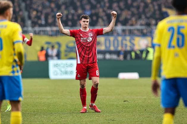 Eric Martel 1 FC Köln,6 is happy about the victory 2 Soccer Bundesliga Season 2024 2025 Eintracht Braunschweig vs 1 FC Köln at Eintracht Stadium in Braunschweig Action,soccer,man,men,Germany,01 02 2025