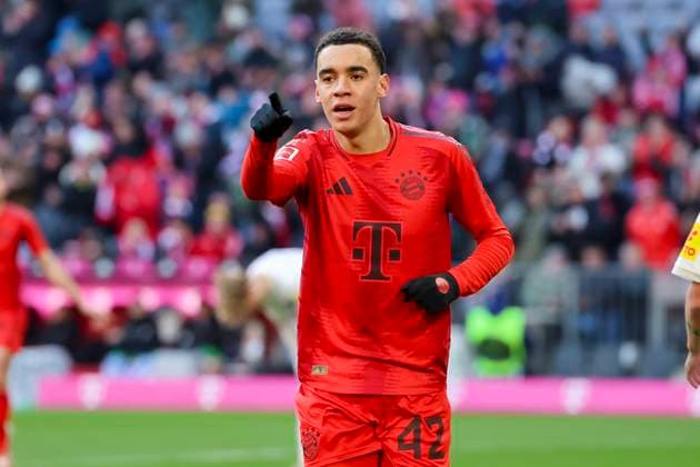 Jamal Musiala FC Bayern Muenchen celebrates his goal for 1 0, Bundesliga, FC Bayern München v Holstein Kiel, Allianz Arena, February 01, 2025 in Munich, Germany Photo by Marco Steinbrenner DeFodi Images Jamal Musiala FC Bayern Muenchen celebrates after scoring his teams first goal, Bundesliga, FC Bayern München v Holstein Kiel, Allianz Arena, February 1, 2025 in Munich, Germany Photo by Marco Steinbrenner DeFodi Images DFL regulations prohibit any use of photographs as image sequences and or quasi video Defodi 700 muenchen kiel 20250201 016 Defodi-700 DFL regulations prohibit any use of photographs as image sequences and or quasi-video.