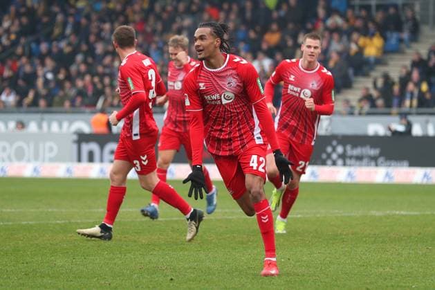 Braunschweig vs Cologne, 2 BL Braunschweig, 01 02 2025, FOOTBALL Eintracht Braunschweig vs 1 FC Cologne, 2 BL, season 2024 25 Damion Downs 1 FC Cologne cheers after his goal to make it 1 2 Braunschweig