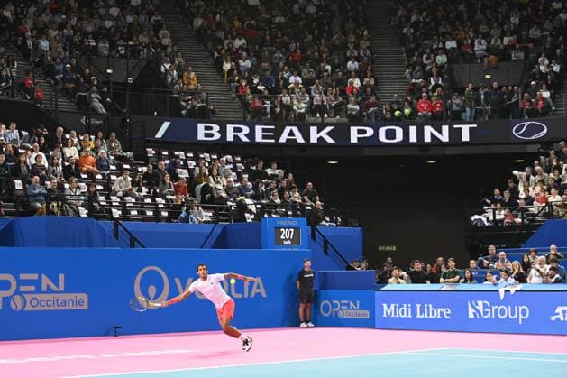 TENNIS : Open Sud de France ATP, Tennis Herren 250 - 01 02 2025 MONTPELLIER, FRANCE - 01 FEVRIER : 2 Felix AUGER-ALIASSIME (CAN) lors de la demi-finale du tournoi Open Sud de France ATP 250 contre Jesper DE JONG (NED) a Montpellier le 1er fÃ vrier 2025. France  Copyright: xValentinaxClaretx