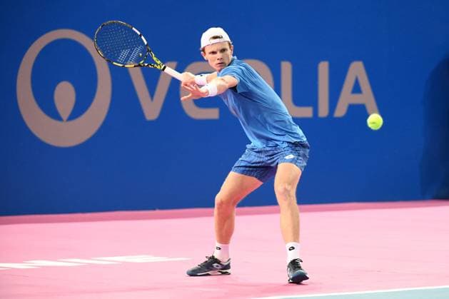 TENNIS : Open Sud de France ATP, Tennis Herren 250 - 01 02 2025 MONTPELLIER, FRANCE - 01 FEVRIER : Jesper DE JONG (NED) lors de la demi-finale du tournoi Open Sud de France ATP 250 contre 2 Felix AUGER-ALIASSIME (CAN) a Montpellier le 1er fÃ vrier 2025. France  Copyright: xValentinaxClaretx