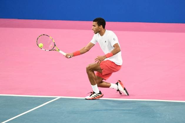 TENNIS : Open Sud de France ATP, Tennis Herren 250 - 01 02 2025 MONTPELLIER, FRANCE - 01 FEVRIER : 2 Felix AUGER-ALIASSIME (CAN) lors de la demi-finale du tournoi Open Sud de France ATP 250 contre Jesper DE JONG (NED) a Montpellier le 1er fÃ vrier 2025. France  Copyright: xValentinaxClaretx