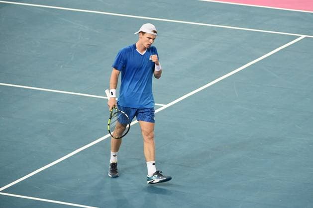 TENNIS : Open Sud de France ATP, Tennis Herren 250 - 01 02 2025 MONTPELLIER, FRANCE - 01 FEVRIER : Celebration Jesper DE JONG (NED) lors de la demi-finale du tournoi Open Sud de France ATP 250 contre 2 Felix AUGER-ALIASSIME (CAN) a Montpellier le 1er fÃ vrier 2025. France  Copyright: xValentinaxClaretx