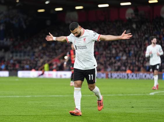 Bournemouth v Liverpool, Premier League, Football, Vitality Stadium, Bournemouth, UK - 01 Feb 2025 GOAL 0-2. Mohamed Salah of Liverpool celebrates scoring the second goal for Liverpool. Bournemouth Vitality Stadium Bournemouth GBR, UK NEWSPAPERS OUT Copyright: xSeanxRyanx