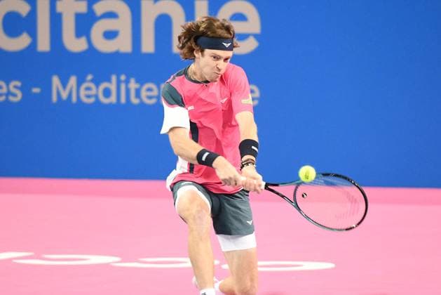 TENNIS : Open Sud de France ATP, Tennis Herren 250 - 01 02 2025 MONTPELLIER, FRANCE - 01 FEVRIER : 1 Andrey RUBLEV lors de la demi-finale du tournoi Open Sud de France ATP 250 contre Q Aleksandar KOVACEVIC (USA) a Montpellier le 1er fÃ vrier 2025. France  Copyright: xValentinaxClaretx