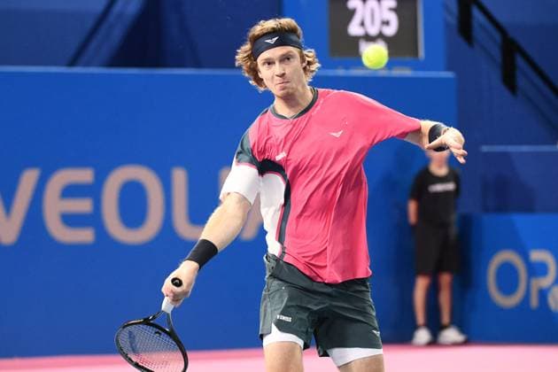 TENNIS : Open Sud de France ATP, Tennis Herren 250 - 01 02 2025 MONTPELLIER, FRANCE - 01 FEVRIER : 1 Andrey RUBLEV lors de la demi-finale du tournoi Open Sud de France ATP 250 contre Q Aleksandar KOVACEVIC (USA) a Montpellier le 1er fÃ vrier 2025. France  Copyright: xValentinaxClaretx