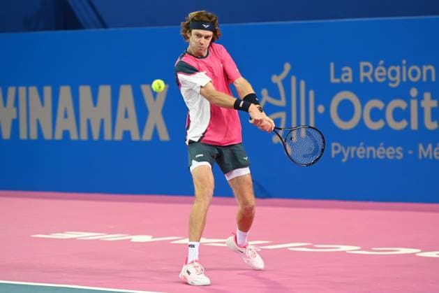 TENNIS : Open Sud de France ATP, Tennis Herren 250 - 01 02 2025 MONTPELLIER, FRANCE - 01 FEVRIER : 1 Andrey RUBLEV lors de la demi-finale du tournoi Open Sud de France ATP 250 contre Q Aleksandar KOVACEVIC (USA) a Montpellier le 1er fÃ vrier 2025. France  Copyright: xValentinaxClaretx