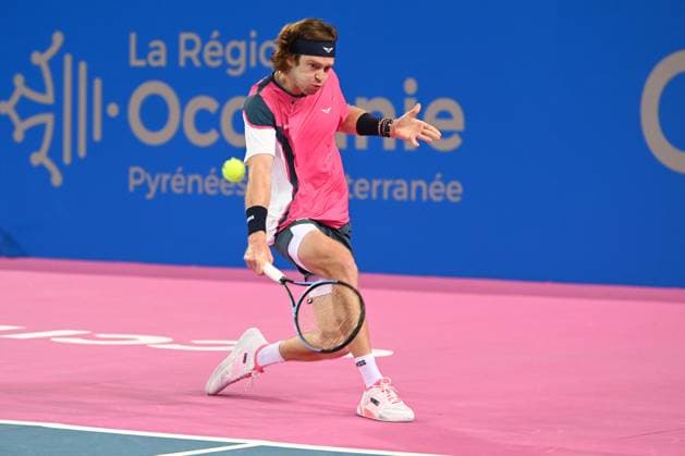 TENNIS : Open Sud de France ATP, Tennis Herren 250 - 01 02 2025 MONTPELLIER, FRANCE - 01 FEVRIER : 1 Andrey RUBLEV lors de la demi-finale du tournoi Open Sud de France ATP 250 contre Q Aleksandar KOVACEVIC (USA) a Montpellier le 1er fÃ vrier 2025. France  Copyright: xValentinaxClaretx