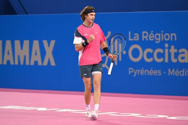 TENNIS : Open Sud de France ATP, Tennis Herren 250 - 01 02 2025 MONTPELLIER, FRANCE - 01 FEVRIER : Celebration 1 Andrey RUBLEV lors de la demi-finale du tournoi Open Sud de France ATP 250 contre Q Aleksandar KOVACEVIC (USA) a Montpellier le 1er fÃ vrier 2025. France  Copyright: xValentinaxClaretx