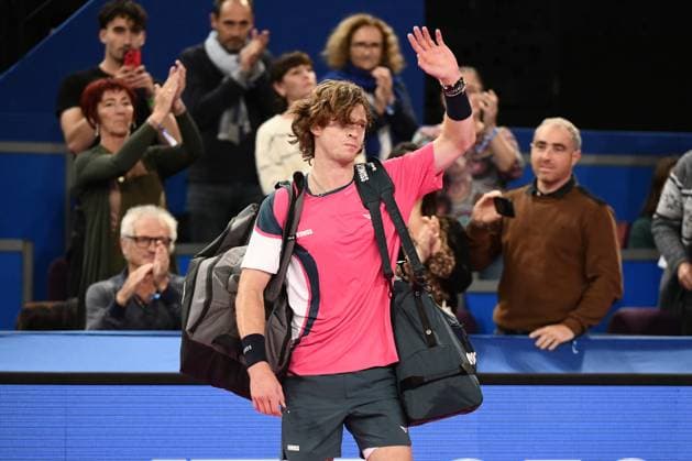 TENNIS : Open Sud de France ATP, Tennis Herren 250 - 01 02 2025 MONTPELLIER, FRANCE - 01 FEVRIER : Defaite d™ 1 Andrey RUBLEV lors de la demi-finale du tournoi Open Sud de France ATP 250 contre Q Aleksandar KOVACEVIC (USA) a Montpellier le 1er fÃ vrier 2025. France  Copyright: xValentinaxClaretx
