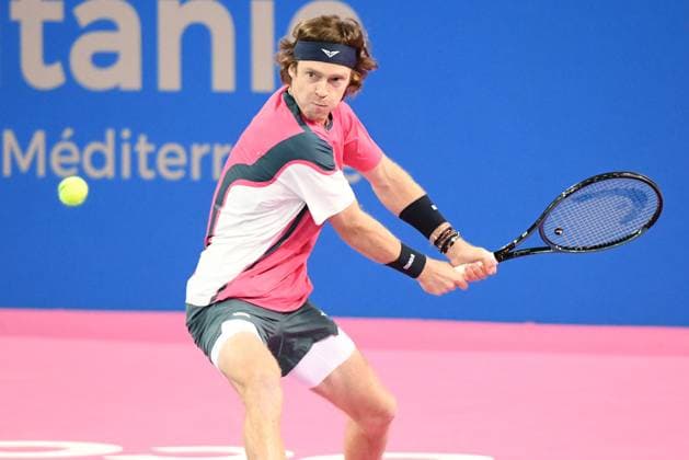 TENNIS : Open Sud de France ATP, Tennis Herren 250 - 01 02 2025 MONTPELLIER, FRANCE - 01 FEVRIER : 1 Andrey RUBLEV lors de la demi-finale du tournoi Open Sud de France ATP 250 contre Q Aleksandar KOVACEVIC (USA) a Montpellier le 1er fÃ vrier 2025. France  Copyright: xValentinaxClaretx
