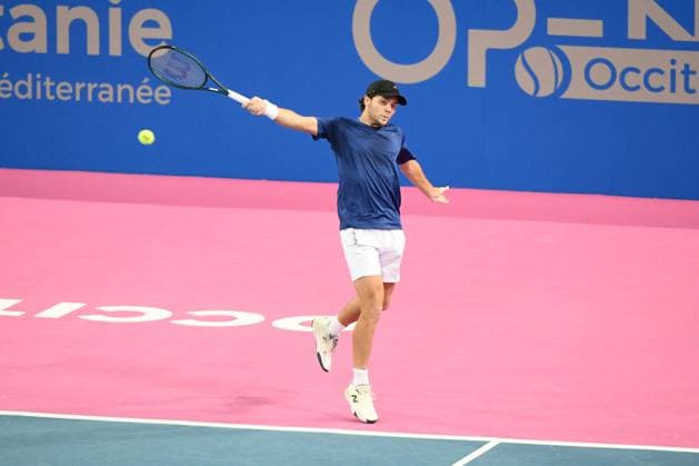 TENNIS : Open Sud de France ATP, Tennis Herren 250 - 01 02 2025 MONTPELLIER, FRANCE - 01 FEVRIER : Q Aleksandar KOVACEVIC (USA) lors de la demi-finale du tournoi Open Sud de France ATP 250 contre 1 Andrey RUBLEV a Montpellier le 1er fÃ vrier 2025. France  Copyright: xValentinaxClaretx