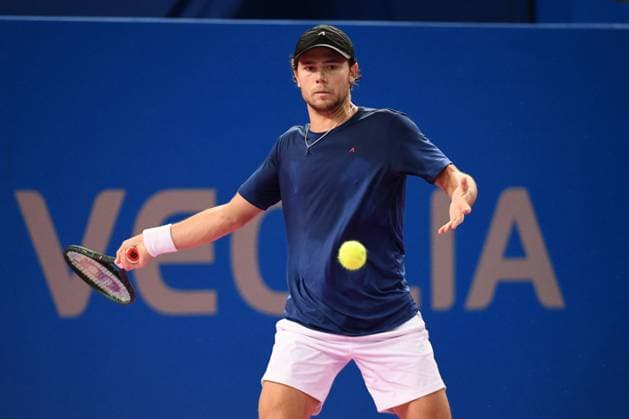TENNIS : Open Sud de France ATP, Tennis Herren 250 - 01 02 2025 MONTPELLIER, FRANCE - 01 FEVRIER : Q Aleksandar KOVACEVIC (USA) lors de la demi-finale du tournoi Open Sud de France ATP 250 contre 1 Andrey RUBLEV a Montpellier le 1er fÃ vrier 2025. France  Copyright: xValentinaxClaretx