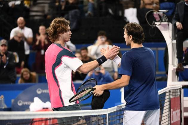 TENNIS : Open Sud de France ATP, Tennis Herren 250 - 01 02 2025 MONTPELLIER, FRANCE - 01 FEVRIER : Defaite d™ 1 Andrey RUBLEV lors de la demi-finale du tournoi Open Sud de France ATP 250 contre Q Aleksandar KOVACEVIC (USA) a Montpellier le 1er fÃ vrier 2025. France  Copyright: xValentinaxClaretx