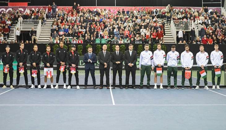 February 1, 2025, Montreal, Pq, Canada: Team Canada and team Hungary stand for the national anthems ahead of their Davis Cup tennis qualifying matches in Montreal, Saturday, February 1, 2025. Davis Cup,  - ZUMAc35_ 20250201_zaf_c35_015 Copyright: xGrahamxHughesx